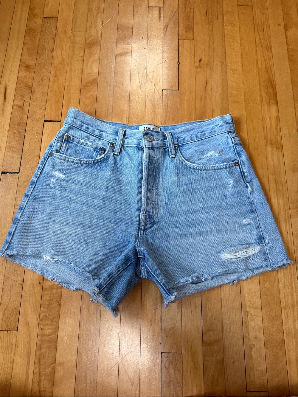 AGOLDE Parker Long Raw Hem Light Blue Distressed Denim Shorts 27 4